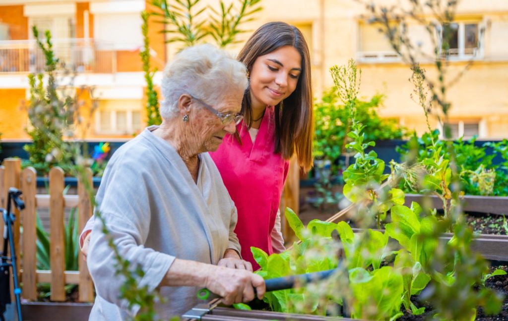 A memory care nurse helps a senior with dementia weed a garden bed as part of their daily routine.