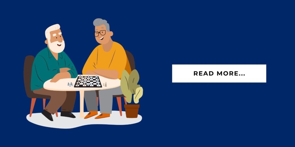 Blog Header Illustration of two seniors playing board games and it says 'read more'