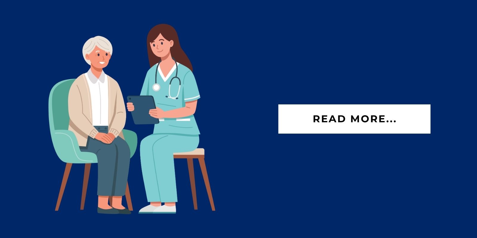 Blog Header Illustration caregiver helping a senior in assisted living and it says 'read more'