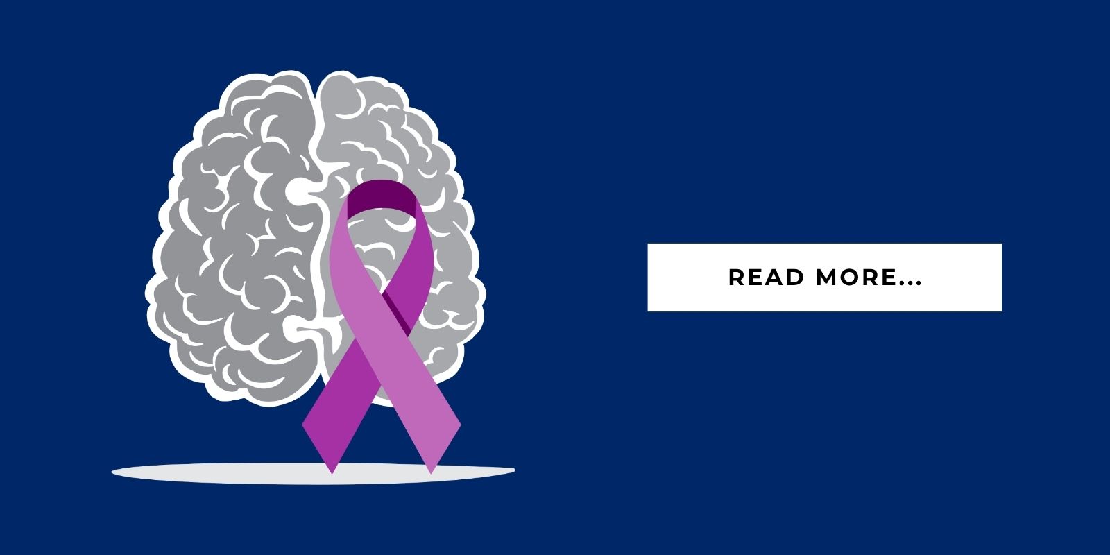 An illustration of a brain and a purple ribbon to represent Alzheimer's, with a text box that says, "Read More..."