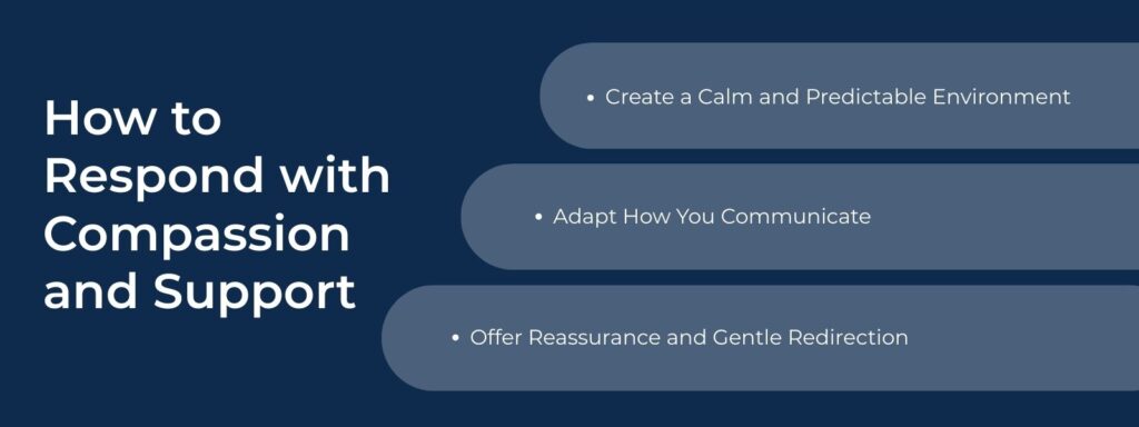 An infographic titled "How to Respond with Compassion and Support" with 3 bullet points: 1. Create a Calm and Predictable Environment. 2. Adapt How You Communicate. 3. Offer Reassurance and Gentle Redirection.