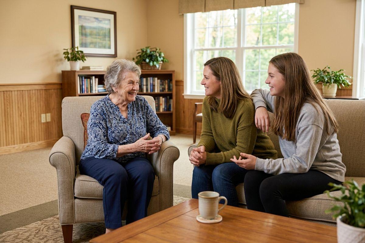 a senior speaking to her grandchild and daughter on a couch