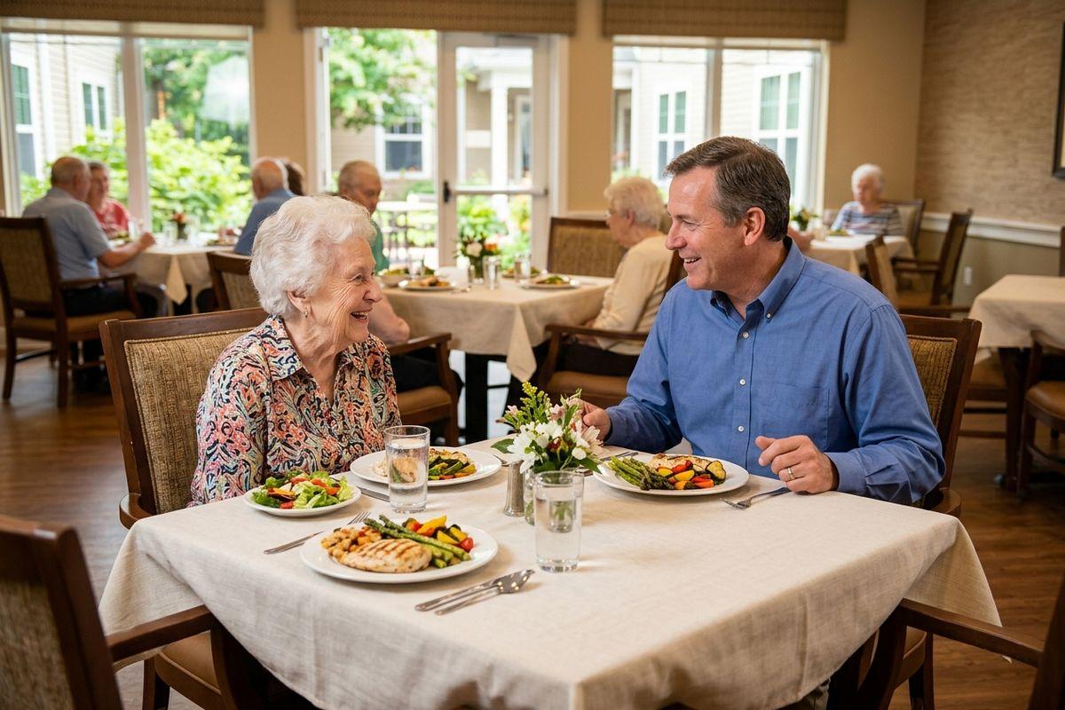 two seniors having dinner in an assisted living community