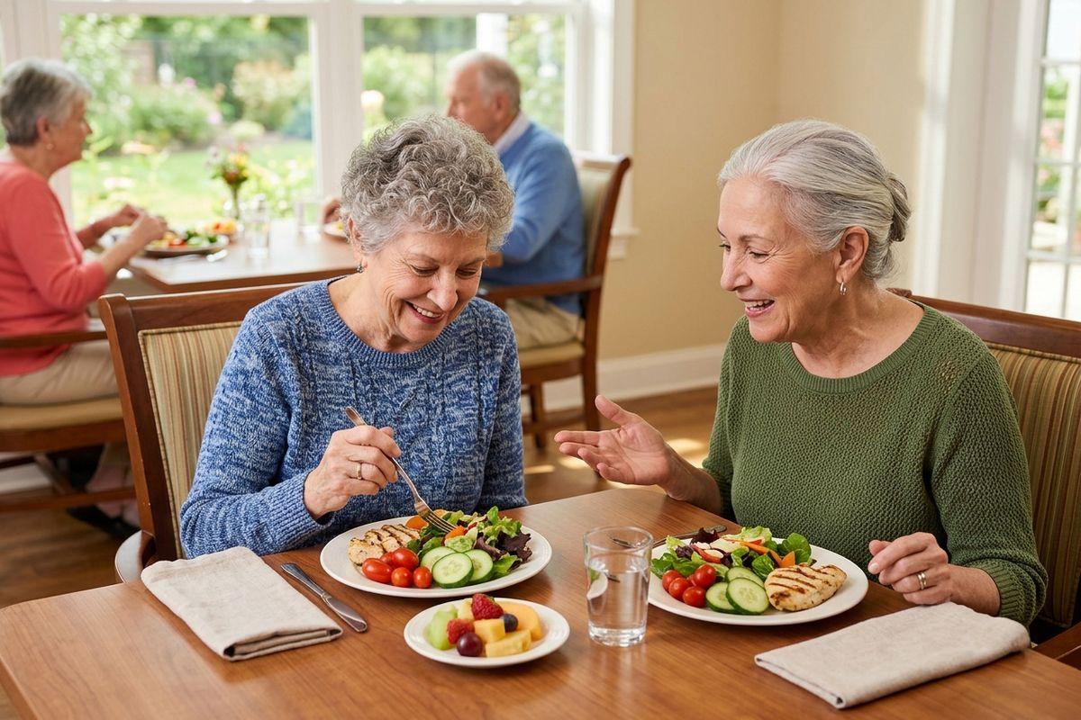 two seniors having dinner in an assisted living community