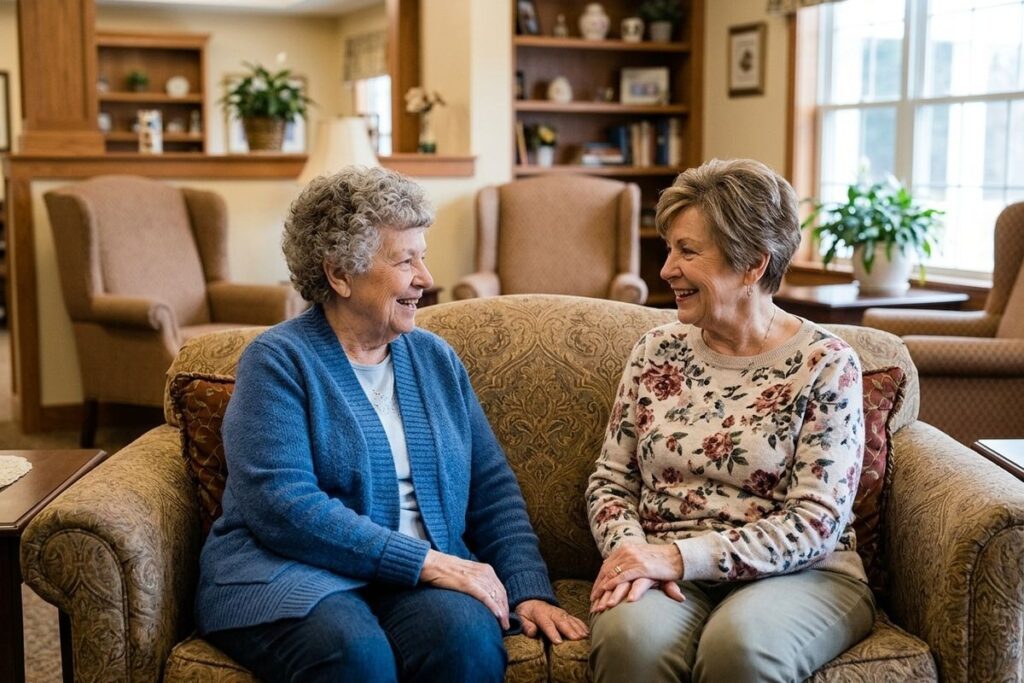 A pair of older adults smiling and chatting as they sit together in a cozy senior living common area.