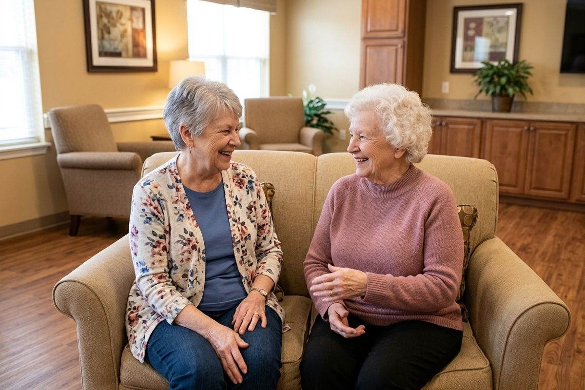 A pair of older adults sits together on a comfortable couch, enjoying companionship in senior living.