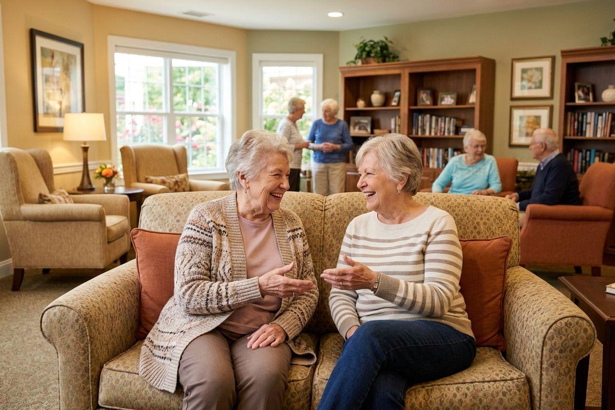Older adults smile and socialize in an assisted living common area.