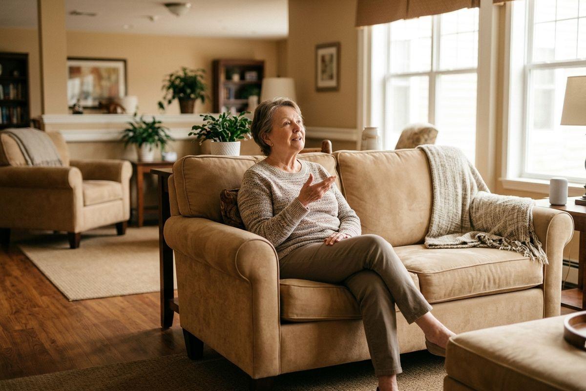 Older adult sitting on a beige sofa in a living room, gesturing and talking while looking upward.
