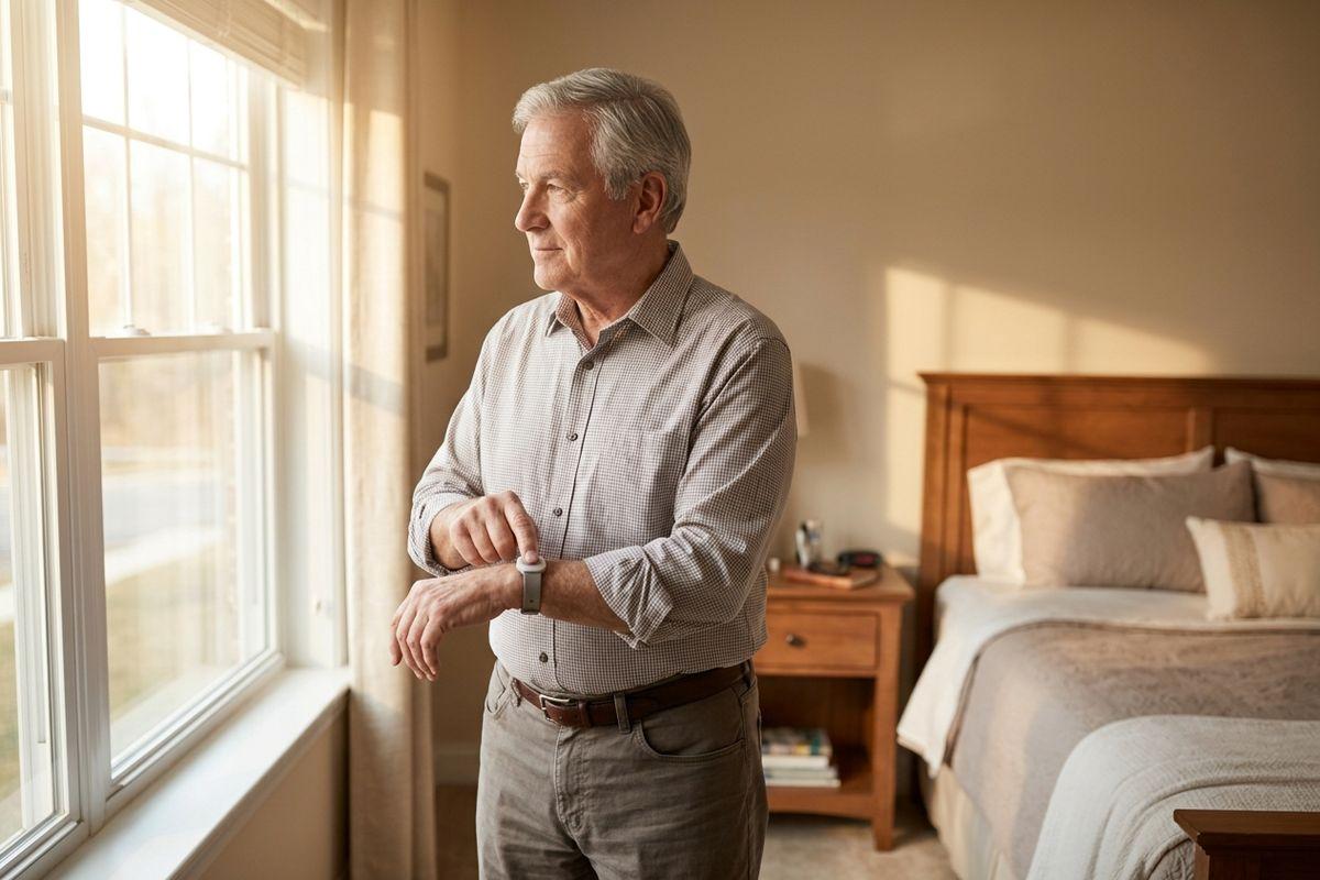 Older adult standing by a window in a bedroom, tapping a smartwatch and looking outside.