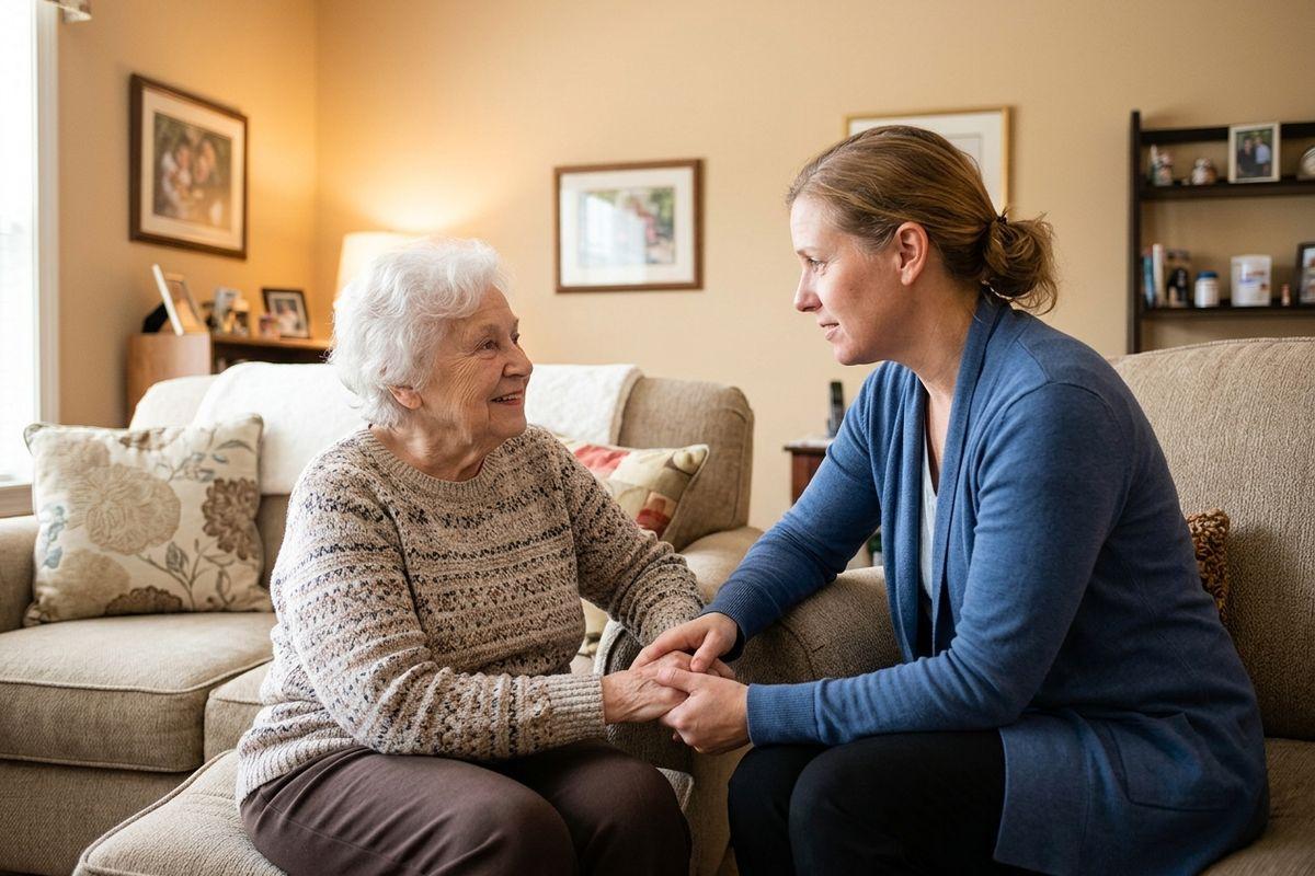 A caregiver speaks with an older adult about a senior living care plan.
