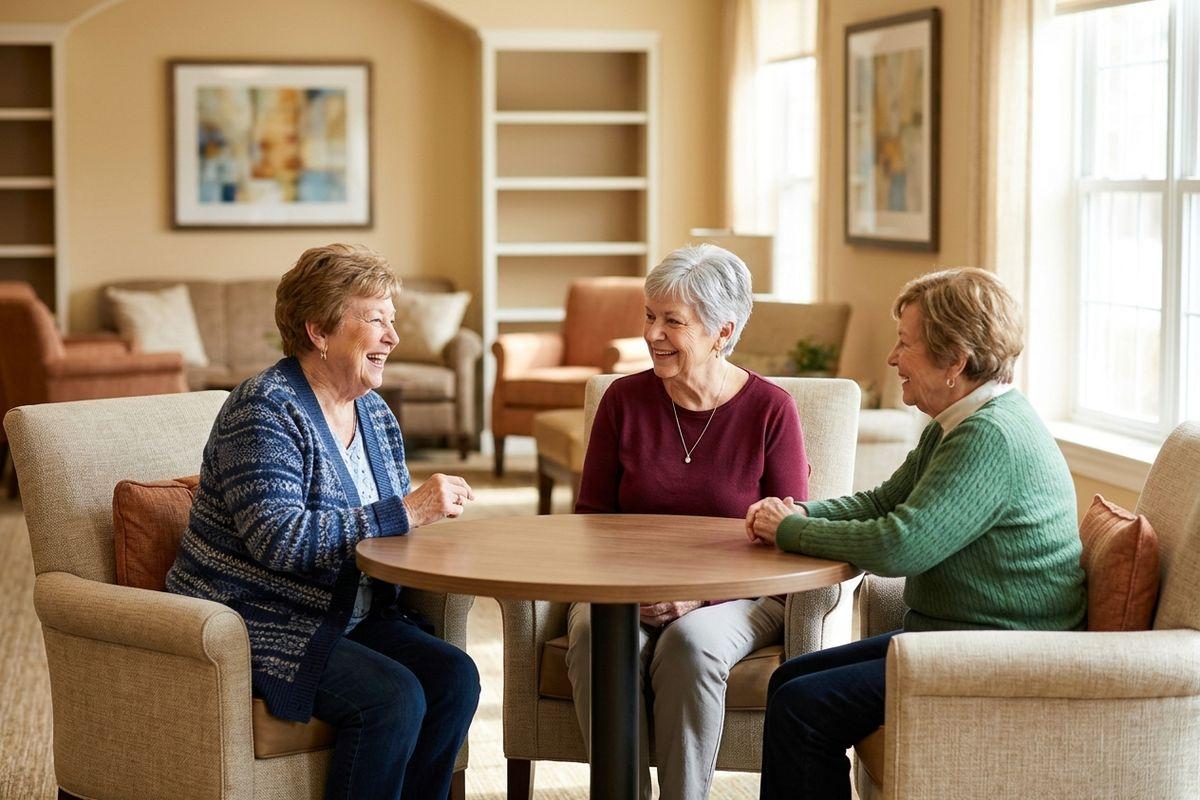 A group of friends talk and laugh together in a senior living community.