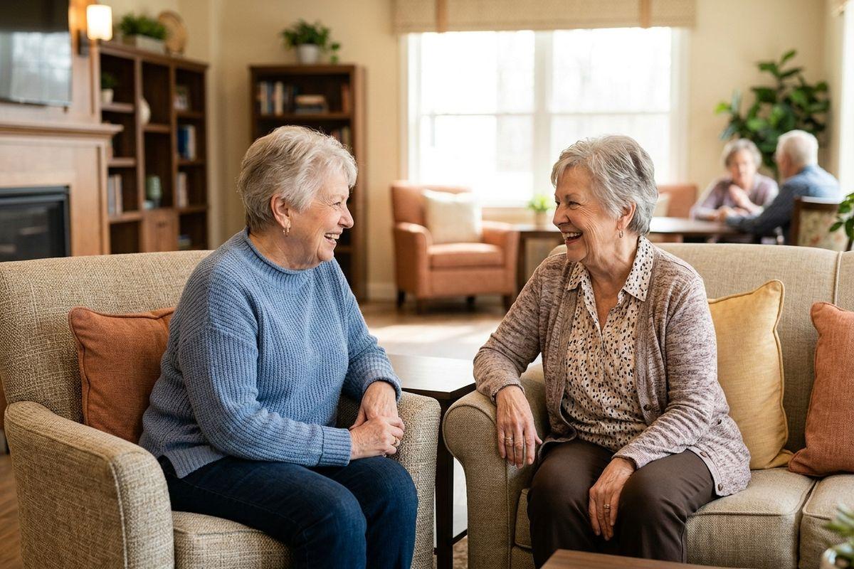 A pair of seniors share a laugh as they sit together in a common area of a senior community.