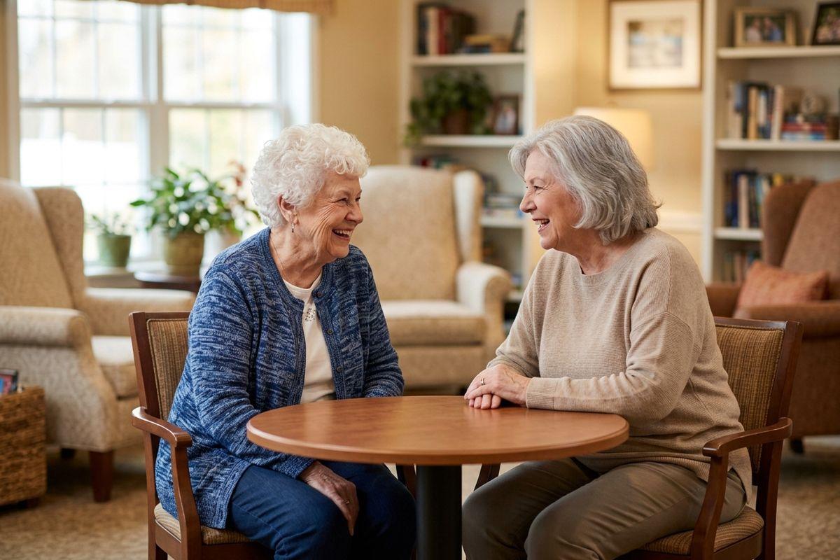 Two seniors in an assisted living community talk and enjoy each other's friendship.