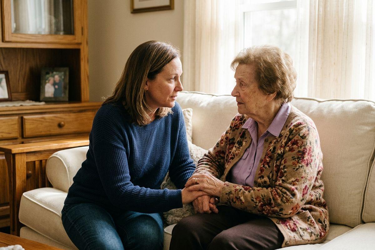 An older adult and a younger adult sit together on a sofa, holding hands and looking at each other with concerned expressions in a living room.