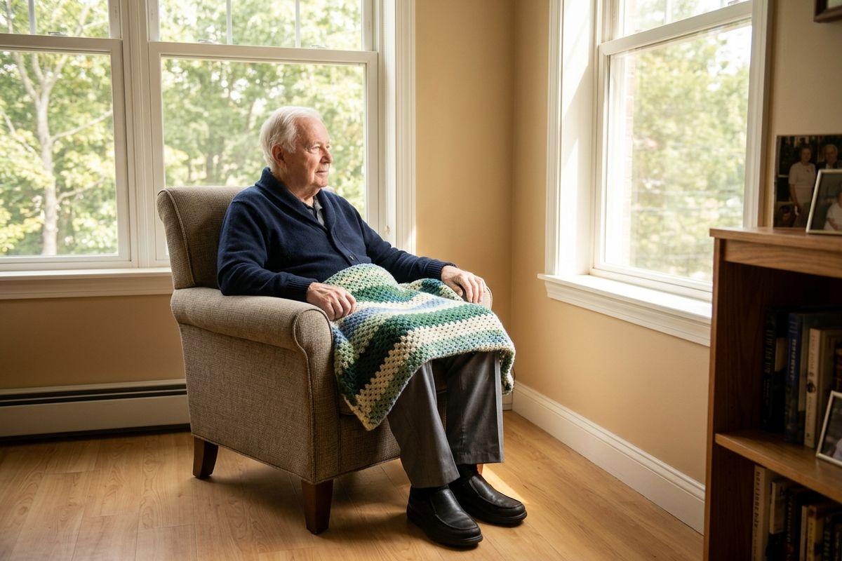An older adult sits in an armchair with a knitted blanket on their lap, looking out a sunlit window.