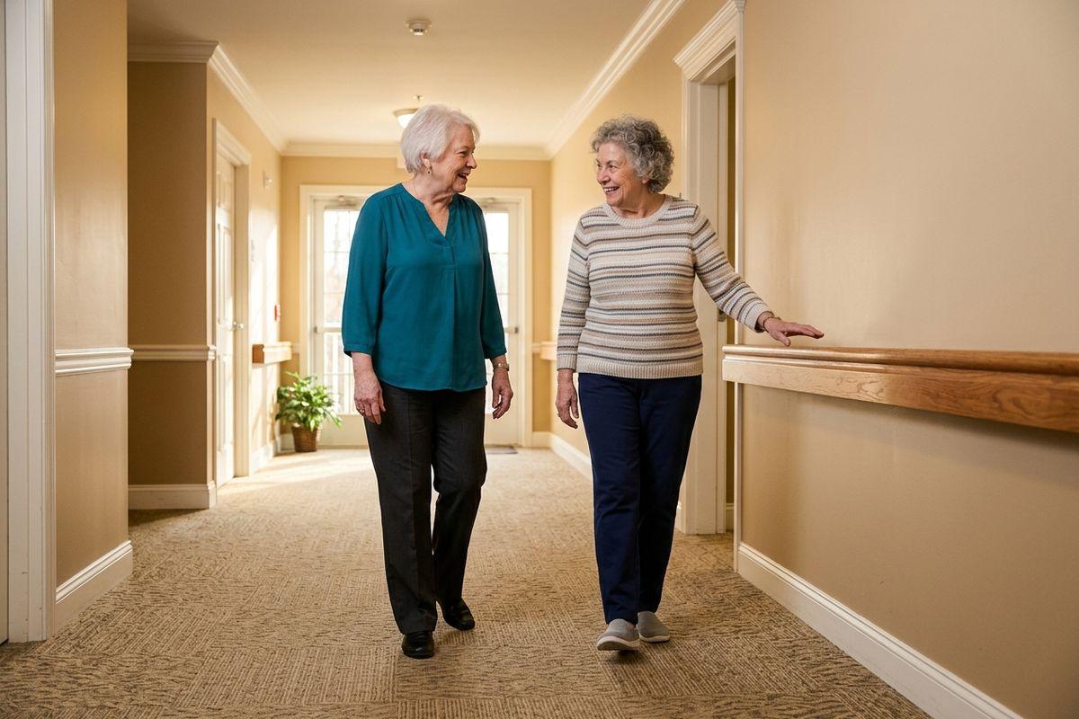 Two older adults walk together down a carpeted hallway, with one holding the handrail.