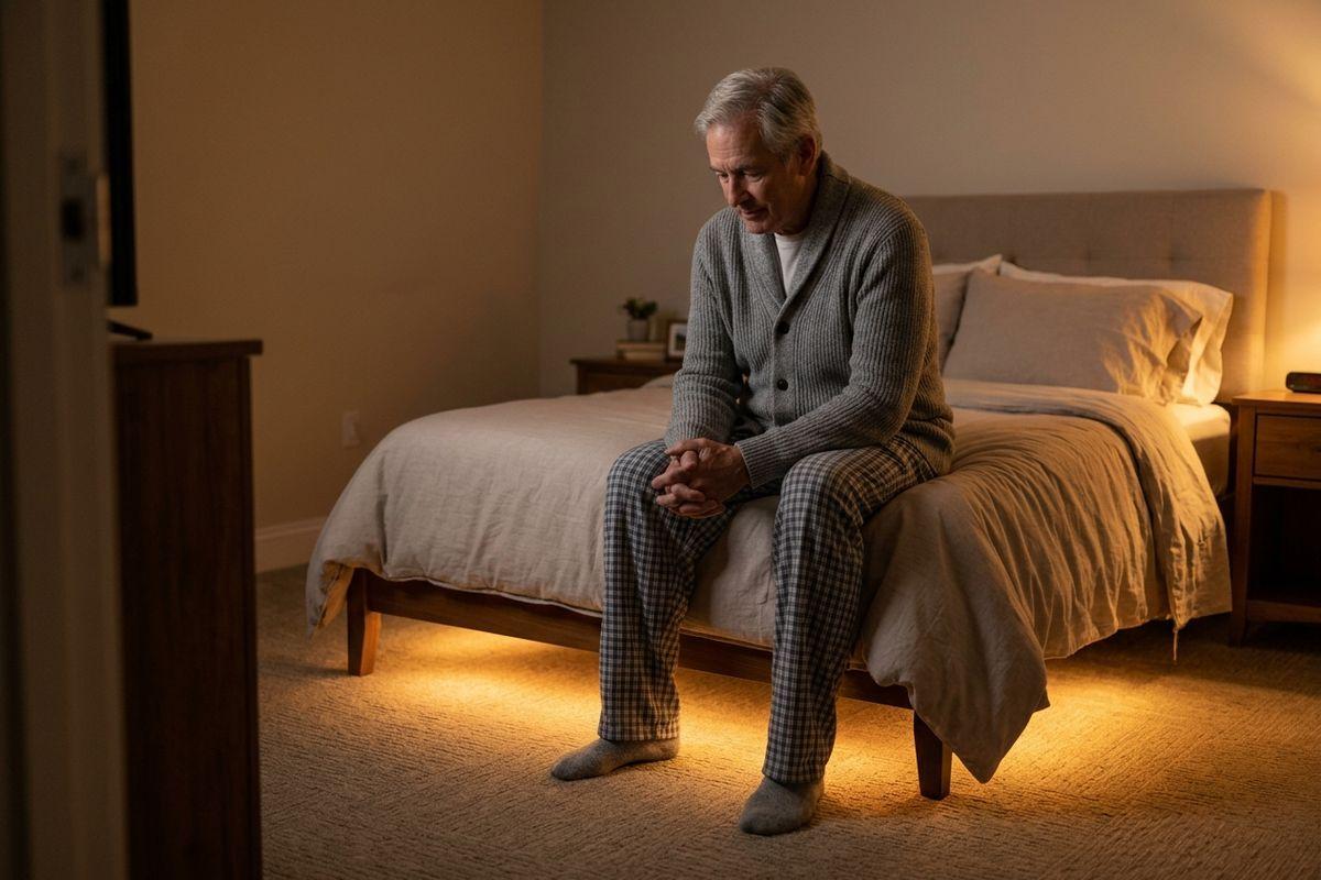 An older adult sits on the edge of a bed at night, hands clasped, looking down, in a dimly lit room.