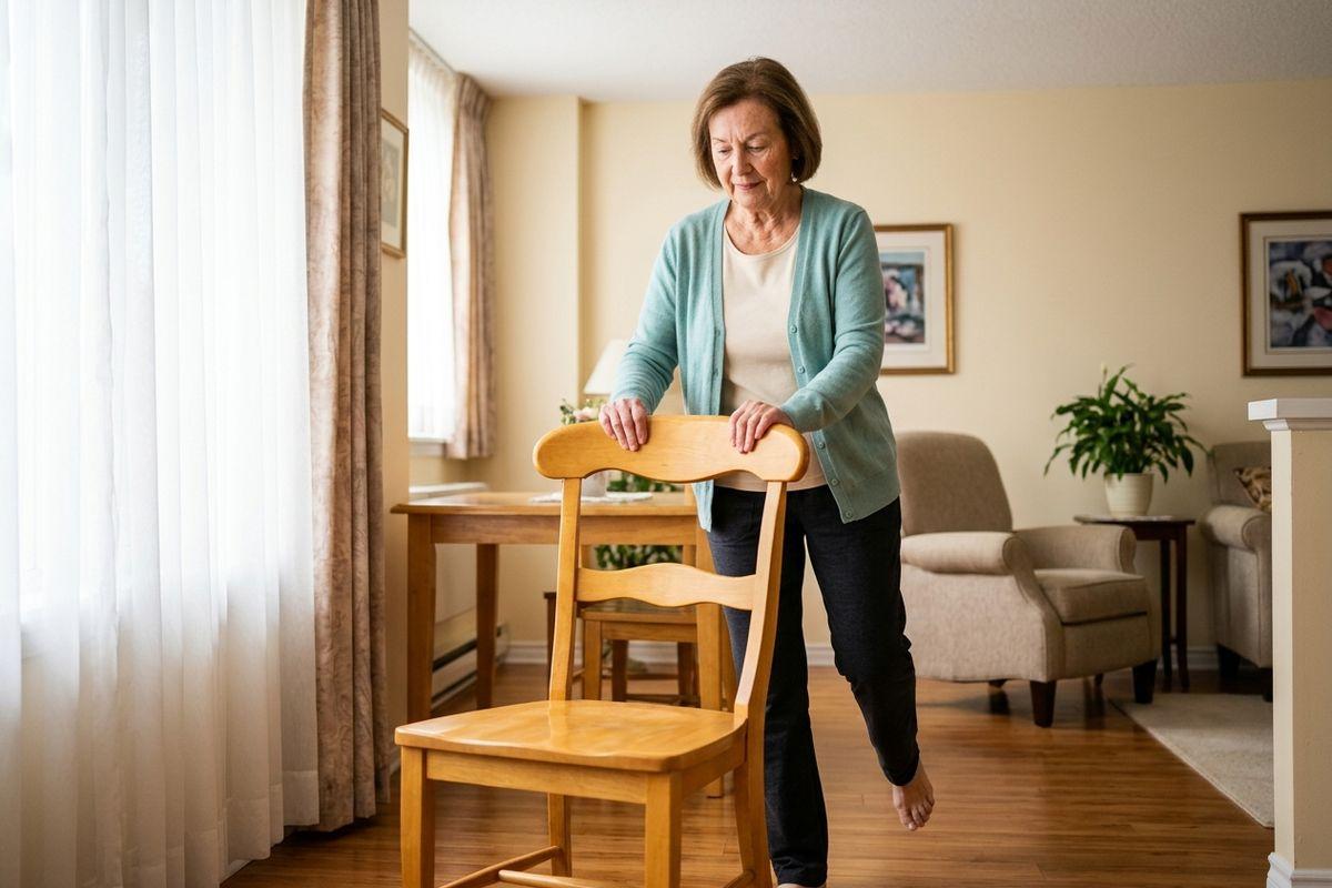 An older adult uses the back of a wooden chair for support while balancing on one leg in a living room.