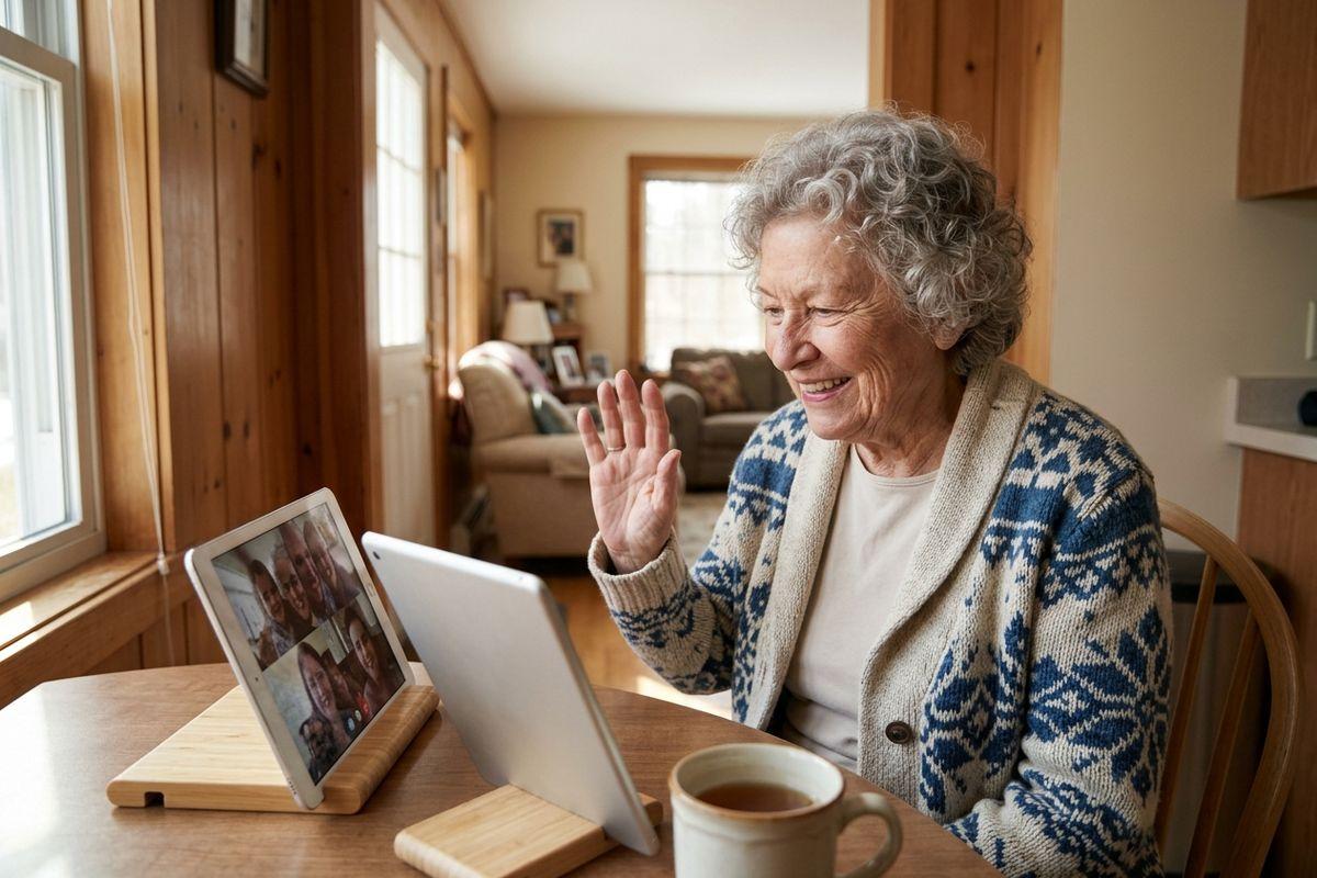An older adult smiles and waves during a video call on a tablet at a kitchen table in a sunlit room.