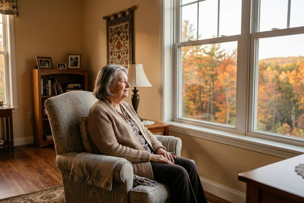 An older adult in a cardigan sits in an armchair in a living room, smiling while looking out a window at autumn trees.