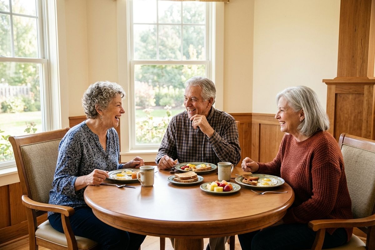 Three older adults laugh together at a round wooden table with plates of eggs, toast and fruit, in a sunlit room.